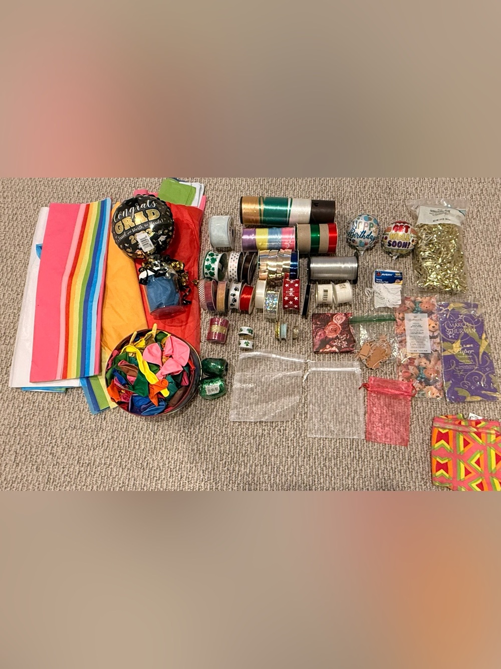 Craft & Gift Wrapping Supplies Lot – Ribbon, Tissue Paper, Balloons & More